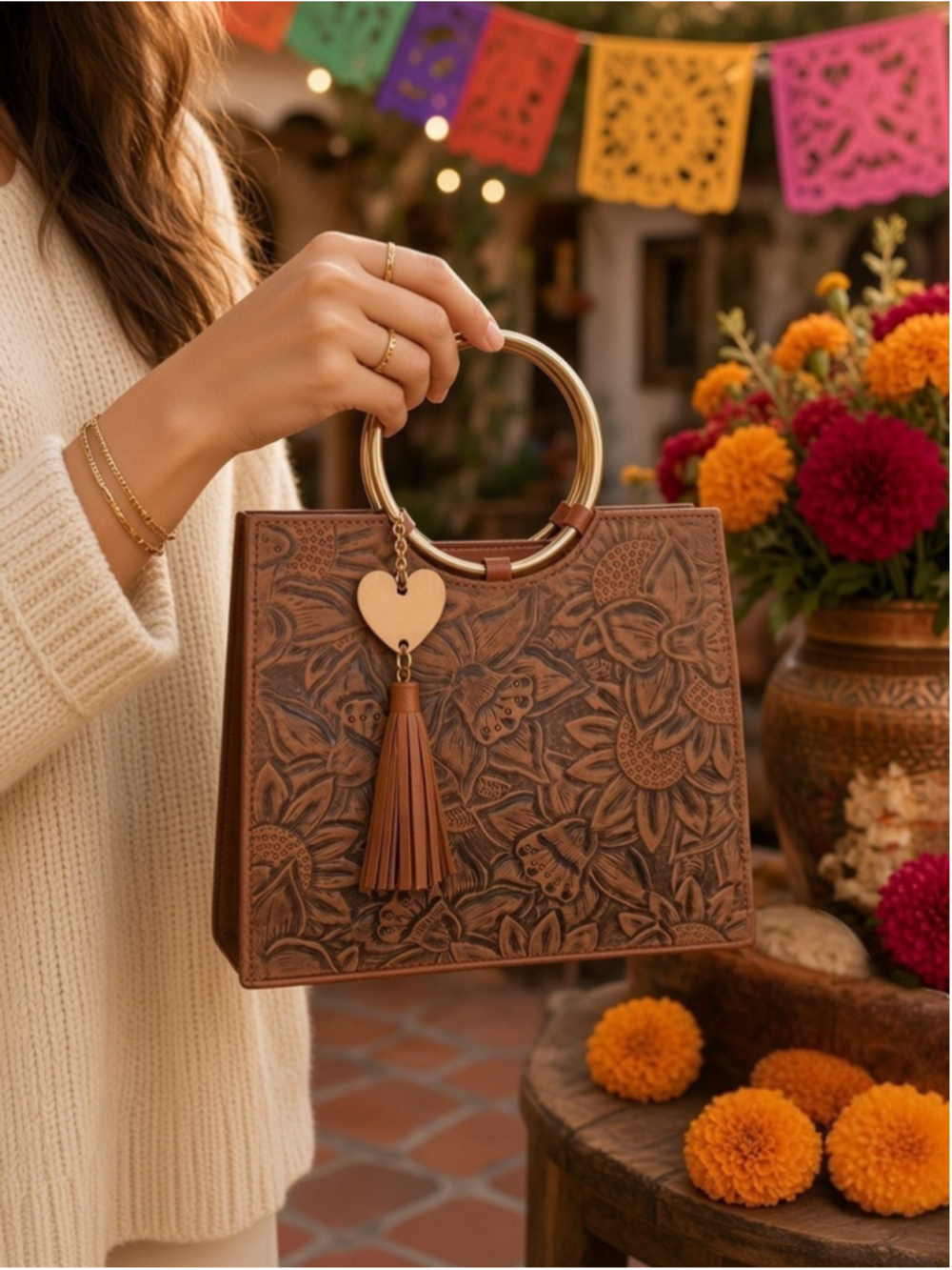 Cinnamon Brown Floral Embossed Tooled Artisan LEATHER Crossbody Handbag Purse